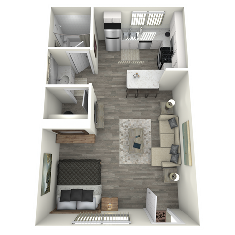 a stylized floor plan with a bedroom and a living room